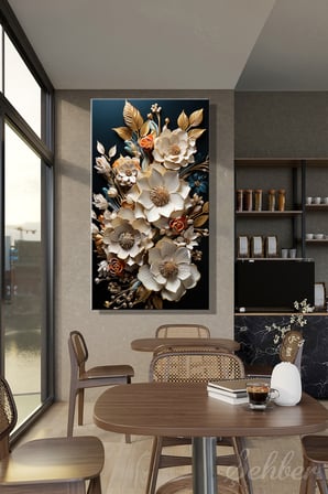 Kanvas Tablo Panoramik Dikey Tekli Salon Mutfak Yatak Odası Ofis Altın Varaklı Beyaz Çiçek 1629