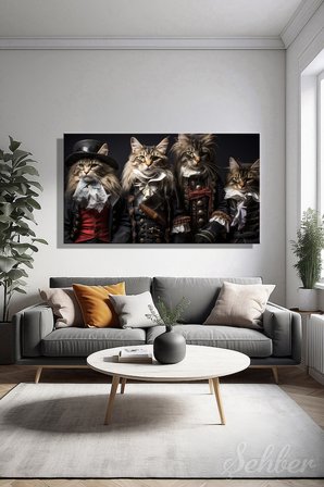 Kanvas Tablo Panoramik Yatay Tekli Salon Mutfak Yatak Odası Ofis Steampunk Tarzı Kediler 1633
