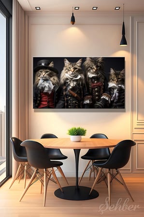 Kanvas Tablo Panoramik Yatay Tekli Salon Mutfak Yatak Odası Ofis Steampunk Tarzı Kediler 1633