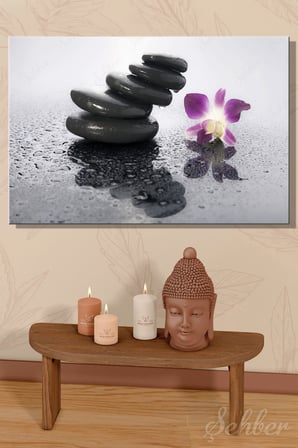 Kanvas Tablo Yatay Tekli Salon Mutfak Yatak Odası Ofis Spa Salonu Zen Taşları Mor Orkide 1658
