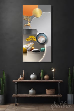 Panoramik Dikey Kanvas Tablo Tekli Salon Mutfak Yatak Odası Ofis Altın Geyik Soyut Geometrik 1681