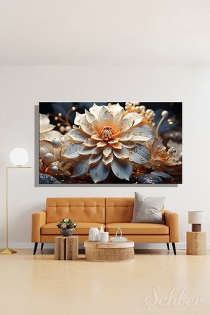 Kanvas Tablo Panoramik Yatay Tekli Salon Mutfak Yatak Odası Ofis 3D Efekt Nilüfer Lotus Çiçek 1687