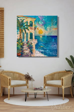 Dikey Kanvas Tablo Tekli Salon Mutfak Yatak Odası Ofis Akdeniz Sahil Köyü 1705
