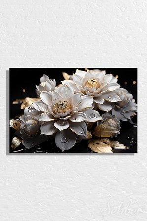 Kanvas Tablo Yatay Tekli Salon Mutfak Yatak Odası Ofis Altın Rengi Yapraklı Beyaz Lotus 1708