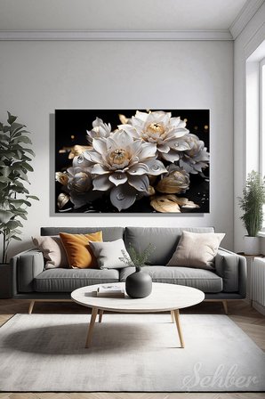 Kanvas Tablo Yatay Tekli Salon Mutfak Yatak Odası Ofis Altın Rengi Yapraklı Beyaz Lotus 1708