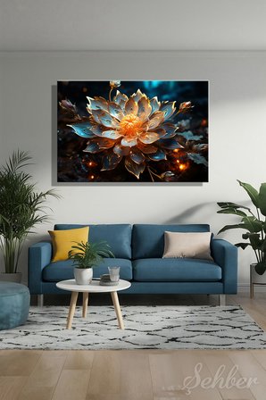 Yatay Tekli Kanvas Tablo Modern Salon Mutfak Yatak Odası Ofis Alştın Rengi Işık Saçan Lotus 1709