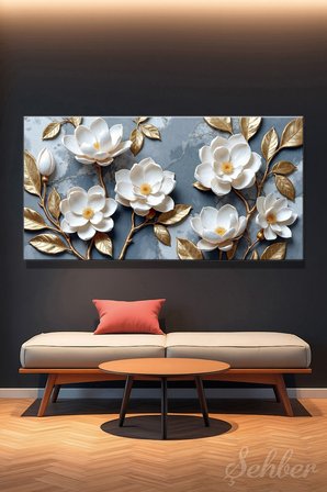 Kanvas Tablo Panoramik Yatay Tekli Salon Ofis 3D Gold Efekt Beyaz Manolyalar 1719