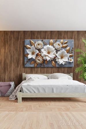 Panoramik Yatay Kanvas Tablo Tekli Salon Ofis 3D Altın Varak Efekt Beyaz Çiçekler 1722