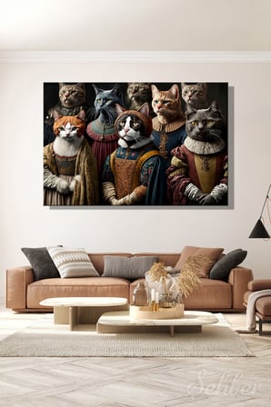 Kanvas Tablo Yatay Tekli Salon Mutfak Yatak Odası Ofis Rönesans Kıyafetli Bir Grup Kedi 1746