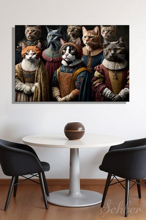 Kanvas Tablo Yatay Tekli Salon Mutfak Yatak Odası Ofis Rönesans Kıyafetli Bir Grup Kedi 1746