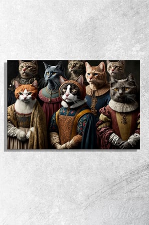 Kanvas Tablo Yatay Tekli Salon Mutfak Yatak Odası Ofis Rönesans Kıyafetli Bir Grup Kedi 1746