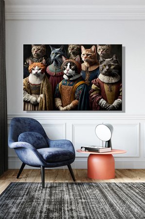 Kanvas Tablo Yatay Tekli Salon Mutfak Yatak Odası Ofis Rönesans Kıyafetli Bir Grup Kedi 1746