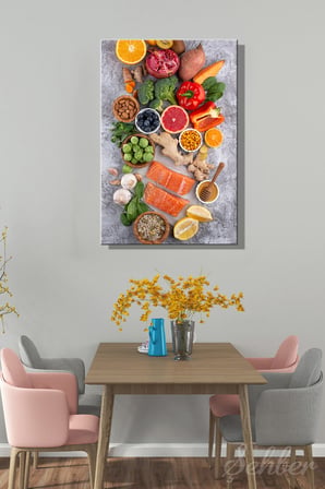 Kanvas Tablo Dikey Tekli Lokanta Kafe Restoran Mutfak Taze Sebze Meyve Protein Kaynakları 1801