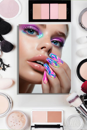 Dikey Tekli Kanvas Tablo Modern Kuaför Güzellik Salonu Sanatsal Makyaj Nail Art Kadın Portre 1812