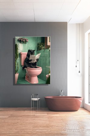 Dekoratif Dikey Kanvas Tablo Tekli Ev Kafe Ofis Banyo Dekorasyonu Gazete Okuyan Kedi 1950