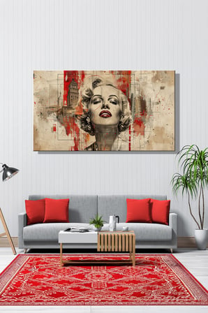 Kanvas Tablo Panoramik Yatay Tekli Ev Kafe Ofis Kırmızı Bej tonlada Marilyn Monroe Portresi 1971