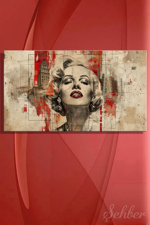 Kanvas Tablo Panoramik Yatay Tekli Ev Kafe Ofis Kırmızı Bej tonlada Marilyn Monroe Portresi 1971