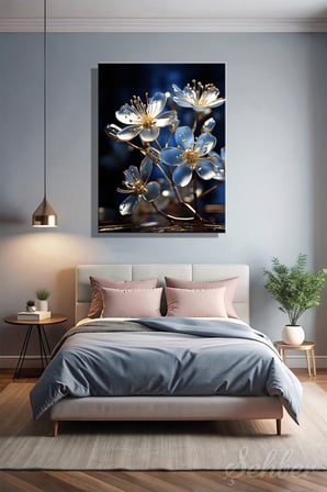 DikeyTekli Kanvas Tablo Modern Ev Kafe Ofis Dijital Altın Detaylı Mavi Beyaz Kristal Çiçekler 1991