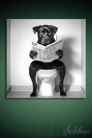 Dekoratif Kare Kanvas Tablo Tekli Ev Kafe Ofis Banyo Tuvalette Gazete Okuyan Köpek 1997