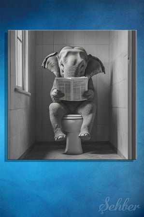 Dekoratif Kare Kanvas Tablo Tekli Ev Kafe Ofis Banyo Tuvalette Gazete Okuyan Fil 1998