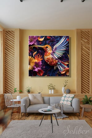 Dekoratif Kare Kanvas Tablo Tekli Ev Kafe Ofis Quilling Sanatı Renkli Sinek Kuşu Tasviri 2003
