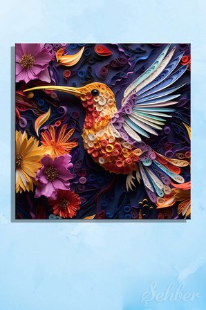 Dekoratif Kare Kanvas Tablo Tekli Ev Kafe Ofis Quilling Sanatı Renkli Sinek Kuşu Tasviri 2003