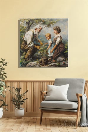 Dekoratif Kare Kanvas Tablo Tekli Ev Kafe Ofis Kırsal Aile Dede Ve Torunlar 2005
