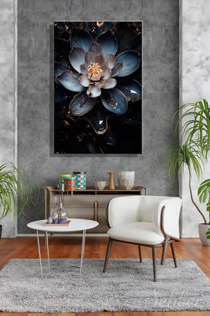 Dekoratif Dikey Kanvas Tablo Tekli Ev Kafe Ofis Koyu Fonda Altın Detaylı Mavi Lotus Nilüfer 2010
