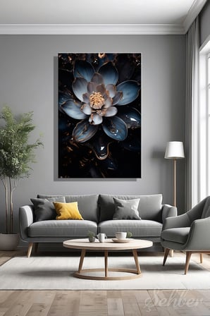 Dekoratif Dikey Kanvas Tablo Tekli Ev Kafe Ofis Koyu Fonda Altın Detaylı Mavi Lotus Nilüfer 2010