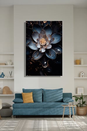 Dekoratif Dikey Kanvas Tablo Tekli Ev Kafe Ofis Koyu Fonda Altın Detaylı Mavi Lotus Nilüfer 2010