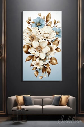 Panoramik Dikey Kanvas Tablo Tekli Ev Kafe Ofis Altın Ve Açık Mavi Tonlarda Çiçek Tasarım 2042