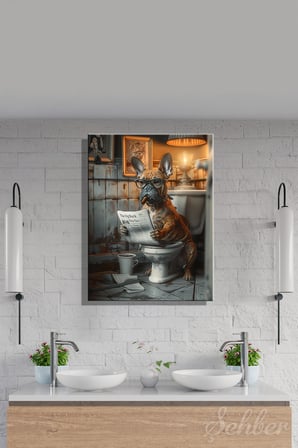 Dikey Kanvas Tablo Tekli Ev Kafe Ofis Tuvalette Puro İçip Gazete Okuyan Fransız Bulldog 2043