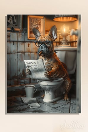 Dikey Kanvas Tablo Tekli Ev Kafe Ofis Tuvalette Puro İçip Gazete Okuyan Fransız Bulldog 2043
