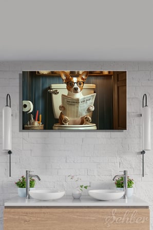 Panoramik Yatay Kanvas Tablo Tekli Ev Kafe Ofis  Tuvalette Gazete Okuyan Gözlüklü Köpek 2044