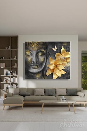 Kanvas Tablo Yatay Tekli  Spa Merkezi Yogo Meditasyon Çiçekler Ve Buddha Yüzü Betimleme 2050