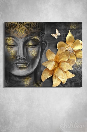 Kanvas Tablo Yatay Tekli  Spa Merkezi Yogo Meditasyon Çiçekler Ve Buddha Yüzü Betimleme 2050