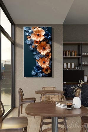 Kanvas Tablo Panoramik Dikey Tekli Ev Kafe Ofis Koyu Mavi Fon Altın Rengi Çiçekler 2052