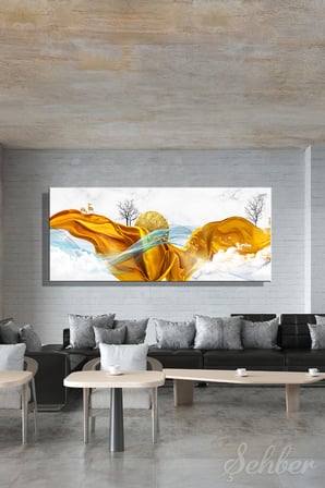 Panoramik Yatay Kanvas Tablo Tekli Ev Kafe Ofis Soyut Altın Geyikler Ve Dalgalar 2053
