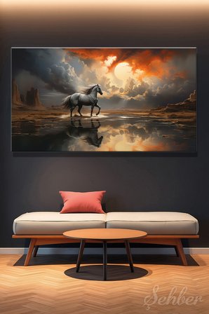 Panoramik Yatay Kanvas Tablo Tekli Ev Kafe OfisFırtınalı Gün Batımında Koşan At 2057