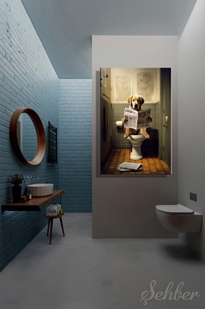 Dekoratif Dikey Kanvas Tablo Tekli Ev Kafe Ofis Banyo Tuvalet Gazete Okuyo Golden Retriever 2062
