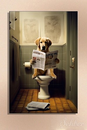 Dekoratif Dikey Kanvas Tablo Tekli Ev Kafe Ofis Banyo Tuvalet Gazete Okuyo Golden Retriever 2062