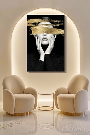 Dekoratif Dikey Kanvas Tablo Tekli Ev Kafe Ofis Gold Efekt Kadın Portre 2076