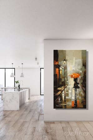 Panoramik Dikey Kanvas Tablo Tekli Ev Kafe Ofis Yağlı Boya Efekt Şemsiyeli Kadın 2078