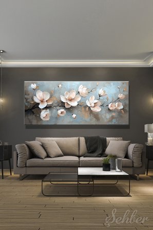 Panoramik Yatay Kanvas Tablo Tekli Ev Kafe Ofis Beyaz Manolya Çiçekleri 2079
