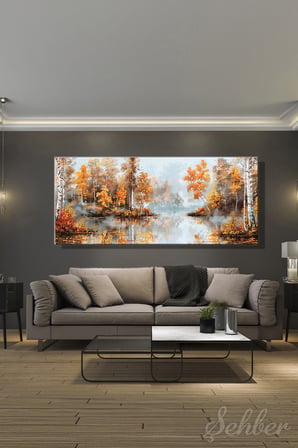 Kanvas Tablo Panoramik Yatay Tekli Ev Kafe Ofis Sonbahar Orman Göl Manzarası 2090