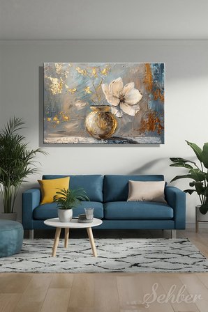 Kanvas Tablo Yatay Tekli Ev Kafe Ofis 3D Efekt Gold Vazoda Beyaz Çiçek 2095