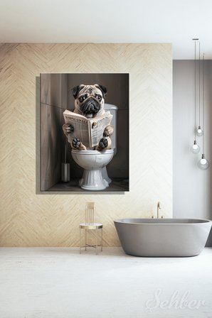 Dekoratif Dikey Kanvas Tablo Tekli Banyo Duş Lavobo Tuvalette Gazete Okuyan Pug Köpek 2108