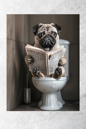 Dekoratif Dikey Kanvas Tablo Tekli Banyo Duş Lavobo Tuvalette Gazete Okuyan Pug Köpek 2108