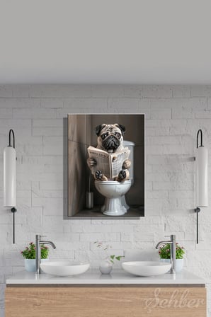 Dekoratif Dikey Kanvas Tablo Tekli Banyo Duş Lavobo Tuvalette Gazete Okuyan Pug Köpek 2108