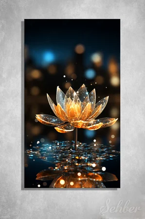 Panoramik Dikey Kanvas Tablo Tekli Ev Ofis Altın Rengi Kristal Lotus Nilüfer Çiçek 2128